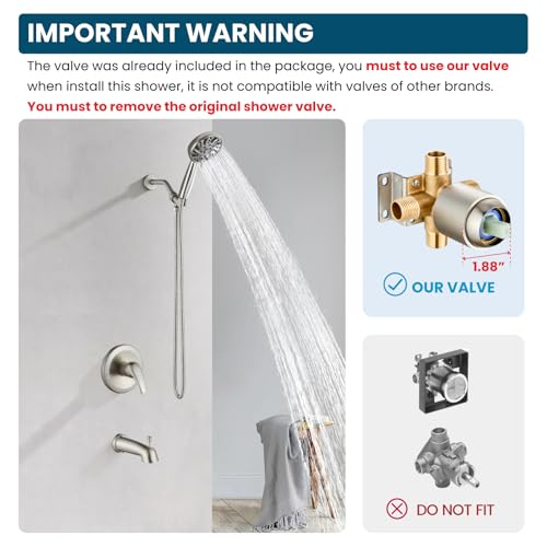 gotonovo Tub Shower Faucet Set with Valve 6 Mode Handheld Brushed Nickel | Bathtub Faucet Set,6 Mode ABS Handheld Spray,6.3’’ Metal Tub Spout,Brass Valve Trim Kit,Shower Head and Handle Kit,Wall Mount - color: Nickel