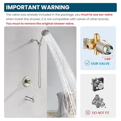 gotonovo Tub Shower Faucet Set with Valve 6 Mode Handheld Brushed Nickel | Bathtub Faucet Set,6 Mode ABS Handheld Spray,6.3’’ Metal Tub Spout,Brass Valve Trim Kit,Shower Head and Handle Kit,Wall Mount - color: Nickel