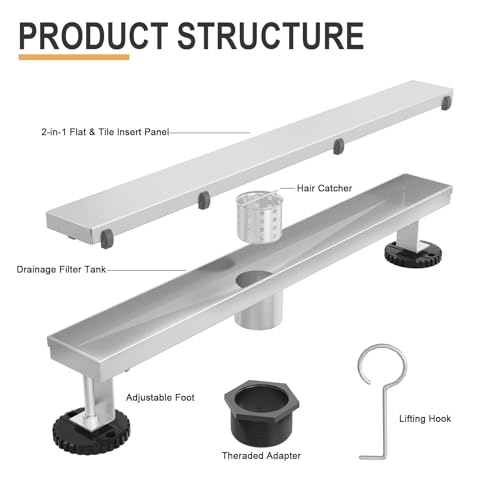 Linear Shower Drain - 18 Inch Brushed Nickel, with Tile Insert Panels | AISI 304 Stainless Steel Shower Drain with Adjustable Feet, Hair Catcher, Rectangle Shower Floor Drain Fits Bathroom, Balcony - color: Brushed Nickel, size: 18 Inch