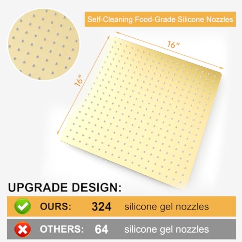 16 In Rain Shower Head High Pressure Rainfall Shower Head Brushed Gold | Square Rain Bathroom Showerhead, High Flow, Large Stainless Steel, Ceiling Mounted, Wall Mounted, Waterfall Full Body - color: Brushed Gold, size: 16 Inch