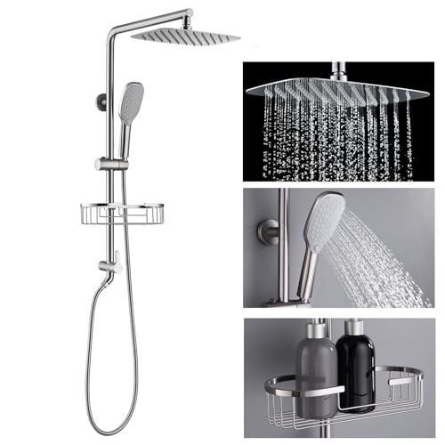 All Metal Shower System with Shower Shelf, SonTiy 9" Rain & Handheld Shower Combo, Adjustable Holder, Brass Diverter 2.5GPM Complete Bathroom Shower Set, Brushed Nickel - color: Brushed Nickel, style: 2.5 Gallons Per Minute-Square