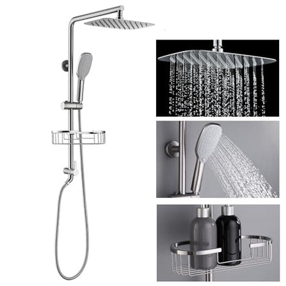 All Metal Shower System with Shower Shelf, SonTiy 9" Rain & Handheld Shower Combo, Adjustable Holder, Brass Diverter 2.5GPM Complete Bathroom Shower Set, Brushed Nickel - color: Brushed Nickel, style: 2.5 Gallons Per Minute-Square