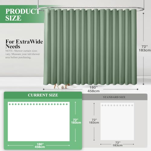 Extra Wide Waffle Shower Curtain Set with Liner 180x72 Sage Green | 180 Inch Wide, Waterproof Clear PEVA Liner, 256GSM Heavy Duty Fabric, Hotel Luxury Shower Curtains for Bathroom, 32 Hooks - color: A Sage Green, size: 180"W x 72"L (Pack of 1)