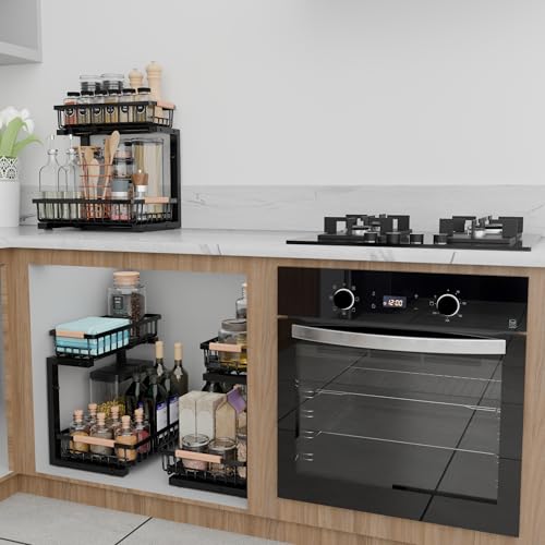 Under Sink Organizer with Pull-Out Drawers, 5-Level Adjustable Height 14"–17", 2-Tier Cabinet Storage, 4 Suction Cups, Nano-Grip Base, Sliding Baskets, Heavy-Duty Steel, Kitchen & Bathroom