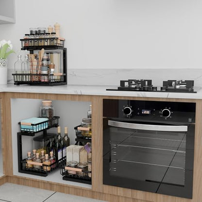 Under Sink Organizer with Pull-Out Drawers, 5-Level Adjustable Height 14"–17", 2-Tier Cabinet Storage, 4 Suction Cups, Nano-Grip Base, Sliding Baskets, Heavy-Duty Steel, Kitchen & Bathroom