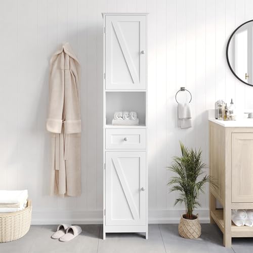 Flash Furniture Freestanding Bathroom Linen Tower Storage Cabinet, White | Farmhouse, Magnetic Close Doors, 2 Adjustable Shelves, Open Display Shelf - color: White