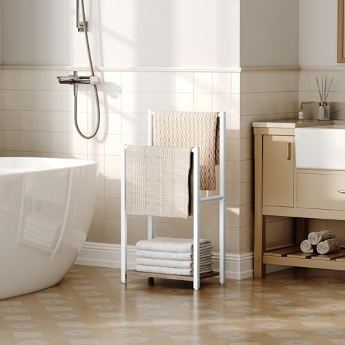 HOOBRO Free Standing Towel Rack for Bathroom, 2 Tier Blanket Rack, 16.5" L x 9.4" W x 31.5" H, Blanket Holder, Drying and Display Rack with Shelf, White and Grey WG02LB01 - color: White + Grey, size: 16.5"L x 9.4"W x 31.5"H