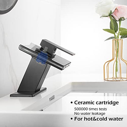 Bathroom Black Faucet Waterfall LED Glass Spout with Overflow Drain Stopper | Single Handle One Hole Deck Mount Modern Designer Basin Sink Faucet 3 Color Changing Battery Powered Lavatory Vanity - color: Black, style: LED with Drain