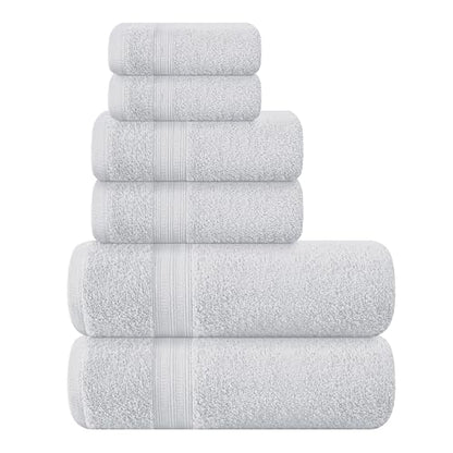 BOUTIQUO 6 Pack Cotton Towel Set, Contains 2 Bath Towels 27x54 inch, 2 Hand Towels 16x24 inch & 2 Wash Coths 12x12 inch, Ideal Everyday use, Ultra Soft Compact & Lightweight - Light Grey - color: Light Grey, size: 6 Piece Towel Set