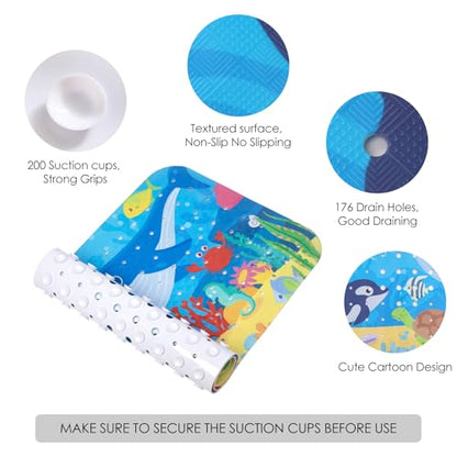 Baby Bath Mat Non Slip, Cartoon Kids Bath Mat for Tub 40 x 16 Inches, Non Slip Bathtub Mat with Suction Cups and Drain Holes Shower Stall Mats, Machine Washable, Dolphin - color: Whale - Dolphin, size: 40" x 16" (Rectangular)