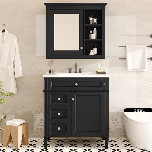 Marzzi 30" Bathroom Vanity Set with Matching Mirror Cabinet | Modern Single Sink Bathroom Vanity with Storage Cabinet, 2 Drawers & Tip-Out Drawer, Medicine Cabinet, Solid Wood Frame - color: Black, size: 30"