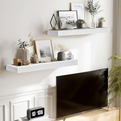Solid Wood Floating Shelves, 17 Inch Wall Shelves, Set of 2, White | 8 Inch Deep, 1.6 Inch Thick, Extra-Wide Display Space, Mounting Hardware Included, For Kitchen, Bathroom and Living Room - color: White, size: 17x8x1.6