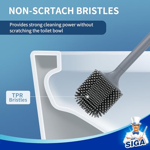MR.SIGA Toilet Brush and Holder Wall Mounted, Gray, 1 Pack | Compact space saving toilet cleaner brush, scratch free thermoplastic rubber head, easy to clean and dry quickly - color: Gray