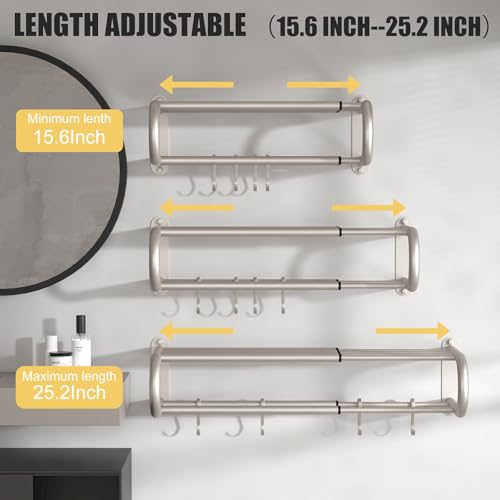 Adjustable Bathroom Towel Rack with Shelf, Towel Bar, Nickel | 15-25 Inch Lavatory Double Towel Bar, Hotel Style Rod with 4 Hooks, Multifunction Towel Holder Wall Mount, Stainless Steel - color: Nickel