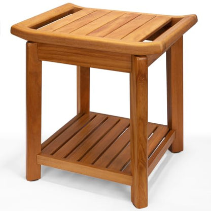 Teak Shower Stool 17" for Inside Shower, HeavyDuty Shower Bench Seat | Non-Slip Shower Stool with Storage Shelf, Waterproof Shower Chair for Seniors & Post Surgery, Safe Bathing & Everyday Comfort - size: 17"-Comfort+