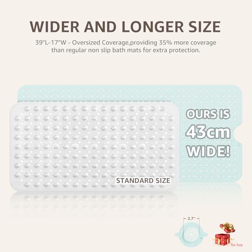 OTHWAY Bath Mat for Tub Non Slip: 39" X 17" Long Bathtub Mat with Hair Catcher│Big Drain Holes Shower Mats for Inside Shower│Machine Washable (Light Blue) - color: Light Blue