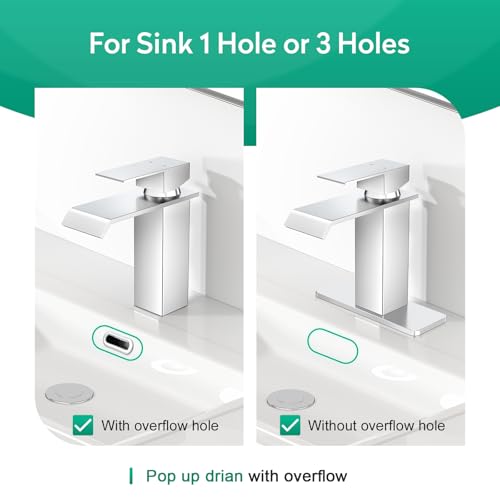 CREA Chrome Waterfall Bathroom Faucet 1 Hole,Chrome Bathroom Faucet Single Handle Bathroom Sink Faucet with Pop Up Drain Stopper/ 3 Hole Plate,Stainless Steel RV Vanity Faucet Basin Mixer Tap - color: Chrome, style: Wide Spout