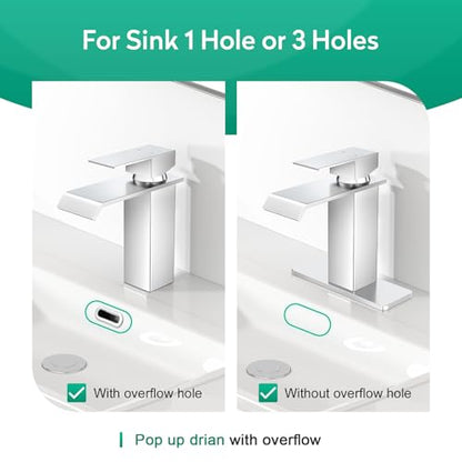 CREA Chrome Waterfall Bathroom Faucet 1 Hole,Chrome Bathroom Faucet Single Handle Bathroom Sink Faucet with Pop Up Drain Stopper/ 3 Hole Plate,Stainless Steel RV Vanity Faucet Basin Mixer Tap - color: Chrome, style: Wide Spout