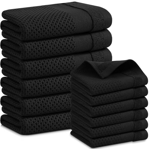 Homaxy Kitchen Towels and Dishcloths Set, Set of 12, Black | 100% Cotton Waffle Weave Kitchen Towels, Super Soft and Absorbent Dish Cloths, 12 x 12 and 13 x 28 Inches - color: Black, size: 12-Piece Set