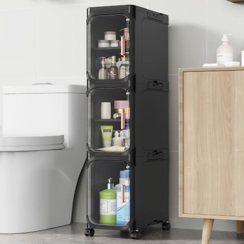 BROVIEW 3-Tier Narrow Storage Cabinet Organizer Slim Bathroom Cabinets Adjustable Fridge & Vanity Gap Storage, Black - color: Black, size: 3-Tier-8.5"W