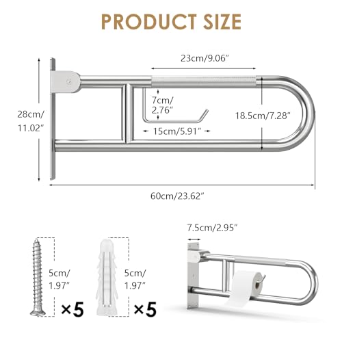 Toilet Grab Bar Support Rail 23.6 Inch, Anti-Slip Knurled Handicap Bathroom Safety Handrails U Shaped Flip-Up with Paper Holder for Elderly Disabled Pregnant, 304 Stainless Steel - size: 23.6in