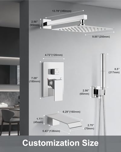 Aolemi Shower System with Tub Spout and Valve Polish Chrome | 10-Inch Square Wall Mounted Rainfall Shower Head and Handheld,3-Function Bathtub Shower Faucet Set - color: Chrome