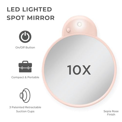 Zadro Magnification Lighted Compact Mirror with LED Light & Retractable Suction Cups – Travel Makeup Mirror, Cool White 6400K Lighting, Battery Operated, Made in USA (Sepia Rose, 10X | 4.3"L x 3.5"W) - color: Sepia Rose