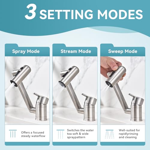 1080°Rotatable Bathroom Vanity Faucet 1 Hole, Height Adjustable Single Handle Sink Faucet Bathroom with 3 Water Outlet Modes - color: Nickel-2