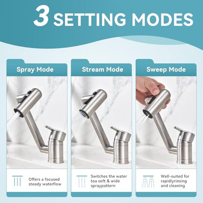 1080°Rotatable Bathroom Vanity Faucet 1 Hole, Height Adjustable Single Handle Sink Faucet Bathroom with 3 Water Outlet Modes - color: Nickel-2