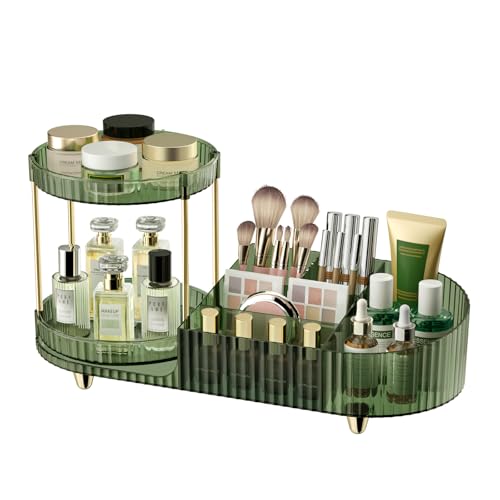 360 Rotating Makeup Organizer for Vanity, 2 Small Trays & 5 Compartments for Cosmetics, Skincare, Perfume, Lipstick & Make up Brush Holder, Bathroom Countertop Organizers and Storage for Dresser, Desk - color: Dark Green