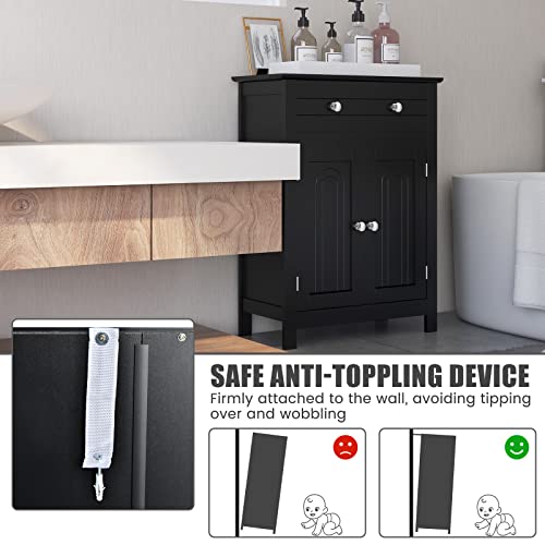 COSTWAY Bathroom Floor Cabinet, Wooden Side Storage Organizer w/Larger Drawer, Adjustable Shelf & 2-Door Cupboard, Freestanding Storage Cabinet for Living Room, Kitchen, Entryway (Black) | Larger Drawer, Adjustable Shelf & 2-Door Cupboard, Freestanding St