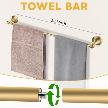 Brushed Gold Bathroom Hardware Set Wall Mounted Gold Accessories Set 4 Pieces Bathroom Hardware Set, 23.6 inch Towel Bar | Towel Hook | Toilet Paper Holder | Hand Towel Holder - color: Brushed Gold