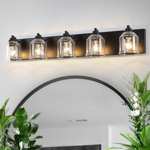5-Light Vanity Lights for Bathroom Large 40" with Bubble Glass Shade | Farmhouse Rustic style, Matte Black Metal Base, E26 Ceramic Socket, UL&ETL Listed, Up&Down Mountable, Hardwired, over Mirror - color: Matte Black, size: 5-Light