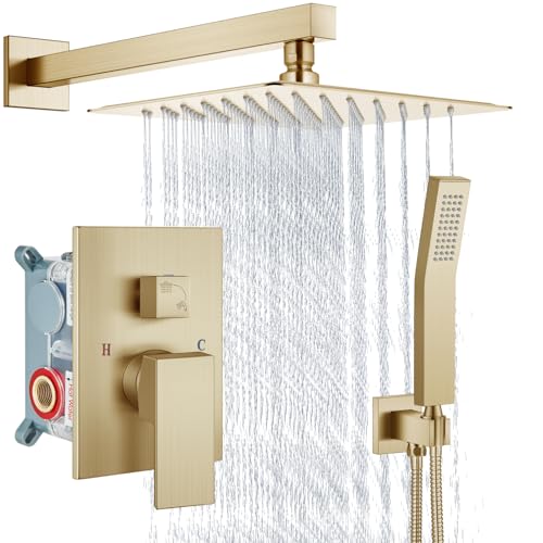 Aolemi Shower Faucet Set with Handheld Brushed Gold 10 Inch Head | Pressure Balance Shower Valve and Trim Kit,SUS304 Rain Head and Handle System,All Metal,Wall Mount,Bathroom,Handheld Spray - color: Gold, size: 10 Inch Wall Mount Shower Head