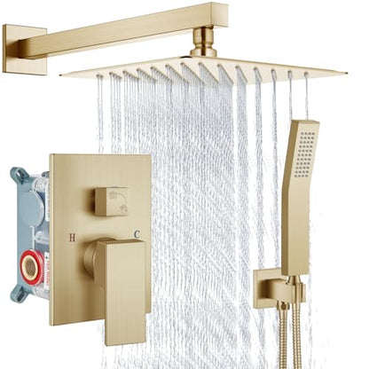 Aolemi Shower Faucet Set with Handheld Brushed Gold 10 Inch Head | Pressure Balance Shower Valve and Trim Kit,SUS304 Rain Head and Handle System,All Metal,Wall Mount,Bathroom,Handheld Spray - color: Gold, size: 10 Inch Wall Mount Shower Head