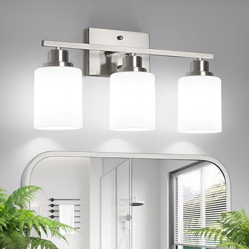 Ascher Bathroom Light Fixtures, 3-Light Vanity Light Over Mirror, Brushed Nickel Wall Sconces with Milky White Frosted Glass Shades, Wall Lamp for Living Room Bedroom, E26 Base(Bulbs Not Included) - color: Brushed Nickel, size: 3-Light
