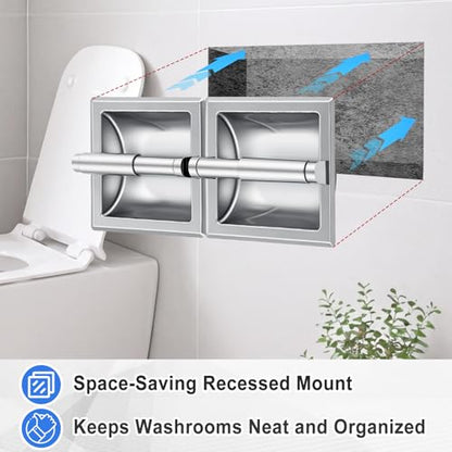Recessed Toilet Paper Holder, Double Roll Wall Mounted Toilet Tissue Dispenser, 304 Stainless Steel Bathroom Storage Built-in Space Saving for Modern Commercial Restrooms