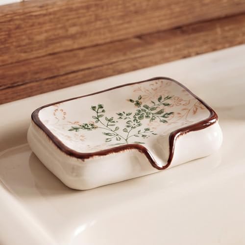 Self Draining Ceramic Soap Dish, Waterfall Design Vintage Farmhouse Floral Chinoiserie Style Soap Saver Holder for Shower Bathroom Sink Bathtub Kitchen Countertop Organizer, Beige and Green