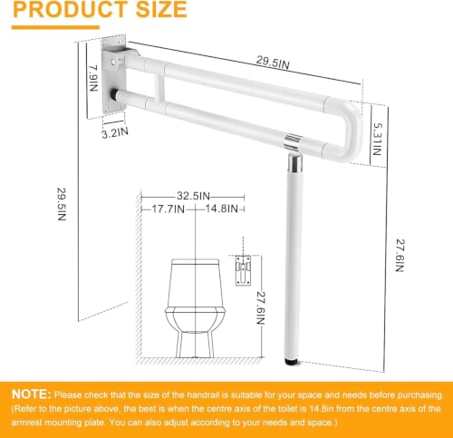 YUCHENGTECH Flip Up Handicap Grab Bar Foldable Toilet Grab Bar 29.5 INCH Wall Mount Folding Toilet Safety Rail with Floor Support for Bathroom for Elderly Disabled Senior Pregnant