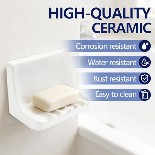 White Ceramic Mounted Soap Dish for Shower Wall Home Bathtub Bathroom Sink | Vintage Ceramic Shower soap Holder, Porcelain Soap Dish Holder, Tray Wall Mount Soap Dish, Quick Drainage and Slip Resistance
