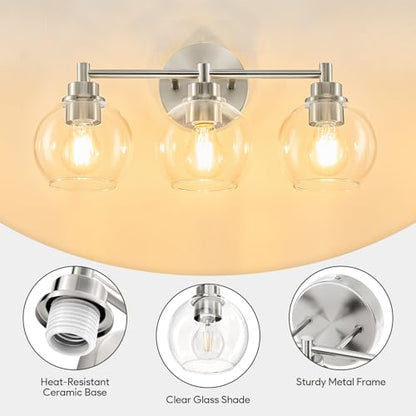 VONLUCE 3 Light Bathroom Vanity Light Fixtures, Brushed Nickel Finish | Globe Glass Shades, E26 Sockets, Easy to install, ETL Certificated, Vanity Lights for Bedroom Hallway Living Room - color: Nickel, size: 3-Light