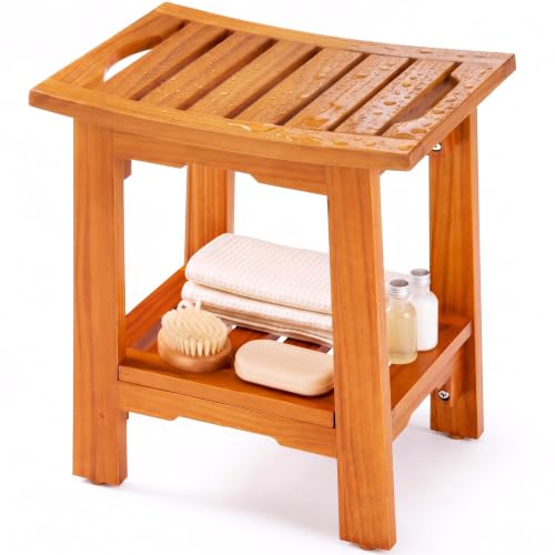 DUMOS Wooden Shower Bench, 18" Waterproof Shower Stool for Inside Showers | Non-Slip Bathroom Bench with Shelf & Handles for Senior Adult, Disabled Elderly, 300 LBS Capacity, Brown - size: 14"W