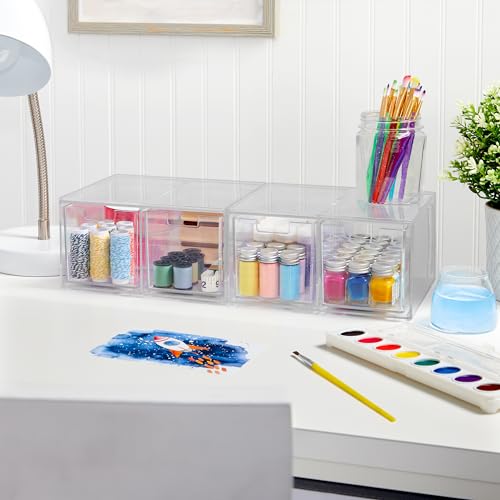 STORi Stackable Desk Organizer drawers, Clear Pen Pencil Makeup Brush drawers for Desktops and Vanities, 4 Tall Drawers (Made in USA) - style: 3.5"W x 3.5"H Drawers (Set of 4)
