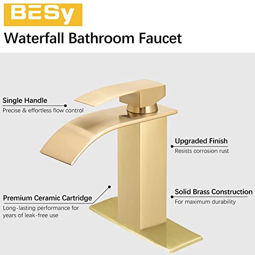 Waterfall Spout Bathroom Faucet, Single Handle Bathroom Sink Faucets, Rv Vessel Faucet Basin Mixer Tap with Deck Plate, cUPC Waterlines, Brushed Gold - color: Brushed Gold, style: Short - Without Pop Up Drain
