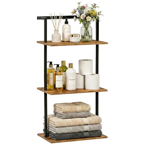 3-Tier Over the Toilet Storage Shelf, Bathroom Wall Shelf | Metal Frame with Rustic Brown MDF Boards, Floating Mounted Rack and Holder, for Living Room, Office, Holds Decor, Essentials