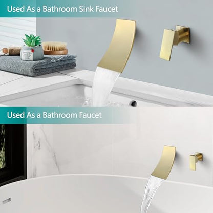 SKOWLL Single Handle Wall Mount Bathroom Sink Faucet, Brushed Gold Waterfall Modern Tub Faucet Set, Waterfall Spout - color: Brushed Gold