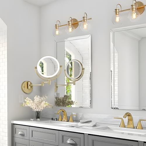 8 Inches Brass Lighted Makeup Mirror Wall Mounted with Magnification 1X/10x | Double Sided 3 Color LED Touch Dimming, 360 Swivel Extended Arm Shaving Vanity for Bathroom, Hardwired, Satin Brushed Gold - color: Satin Brushed Gold