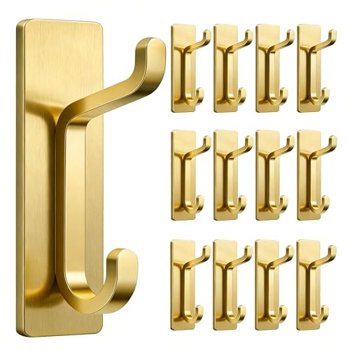 pickpiff 12 Pack Stick-on Hooks Strong 13LB for Coat & Towel, Brushed Gold - color: Gold, size: 12 Pack