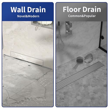 Linear Wall Drain 18’’, CUPC Certified | 304 Stainless Steel Side Drain w/ Tiled Grate & Hair Strainer, Brushed Tiled Shower Drain for Bathroom - size: 18"