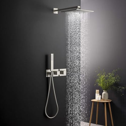 KIBI Cube Thermostatic Bathroom Shower System – 2-Function Wall Mounted Shower Set with Rough-In Valve, Modern Brushed Nickel Finish, Durable Rust-Resistant Bathroom Shower Faucet Kit - color: Brushed Nickel